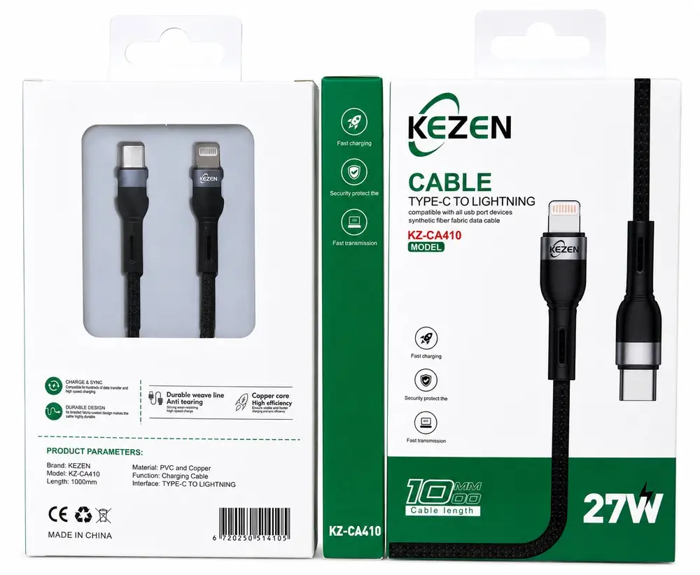 کابل Type-C به Lightning کیزن مدل KEZEN KZ-CA410 با توان شارژ سریع 27 وات و طول 1 متر