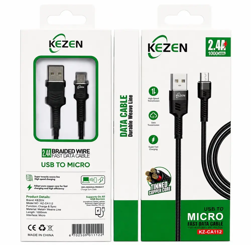 کابل Micro USB KEZEN KZ-CA112، کابل شارژ سریع و انتقال داده 2.4A، روکش بافته شده مقاوم، طول 1 متر، مناسب گوشی‌ها و دستگاه‌های اندرویدی دارای درگاه Micro USB